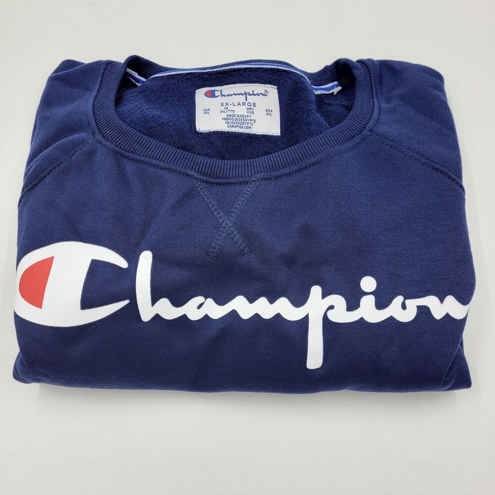 CHAMPION CREWNECK SWEATSHIRT NAVY BLUE SIZE 2XL SPELLOUT LOGO SOFT FLEECE